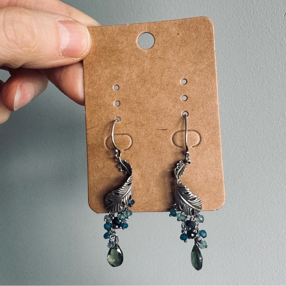 Sterling Silver Feather and Green and Blue Drop Dangle Earrings 4.85 grams - Picture 3 of 7